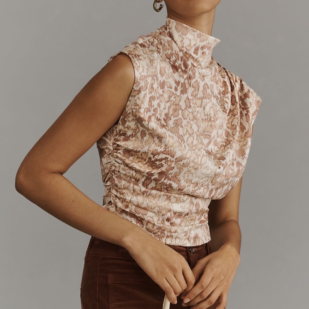 Anthropologie Blouse Mock Neck Draped Cream and Brown Patterned SIZE XL NEW